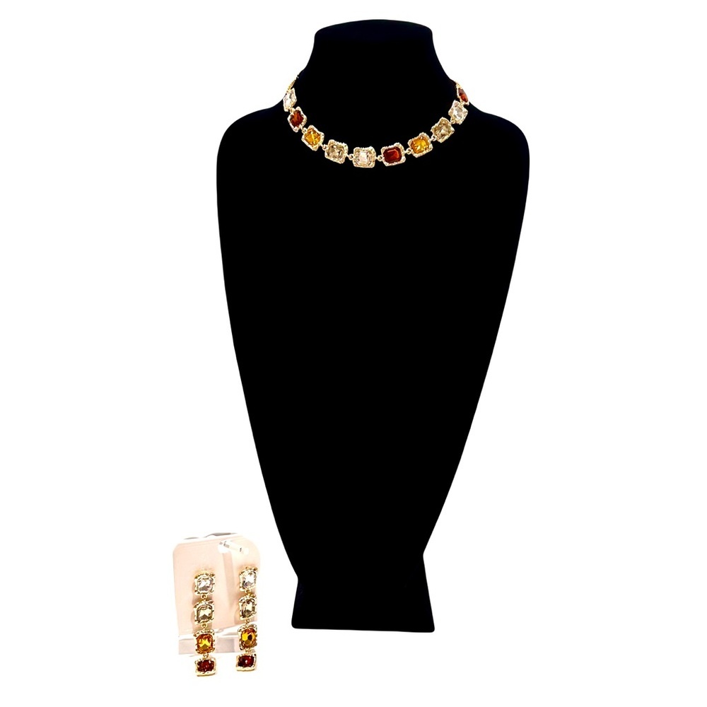 WARM HUES Designer Gemstone Statement Necklace & Earrings Set | NWT - Picture 2 of 16